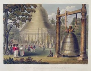 Escena en la terraza de la Gran Pagoda Dagon en Rangún, tomada cerca de la Gran Campana, placa 14 de 